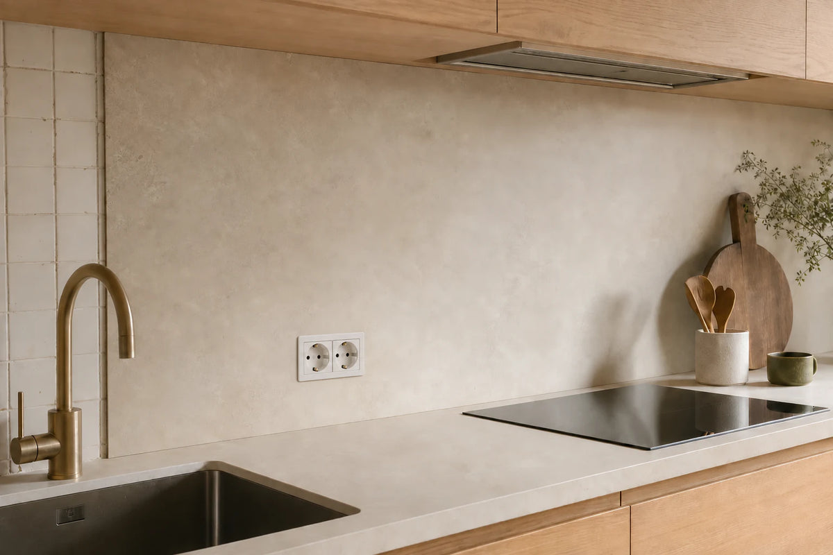 Küchenrückwand über einem alten Fliesenspiegel zwischen Spüle und Kochfeld