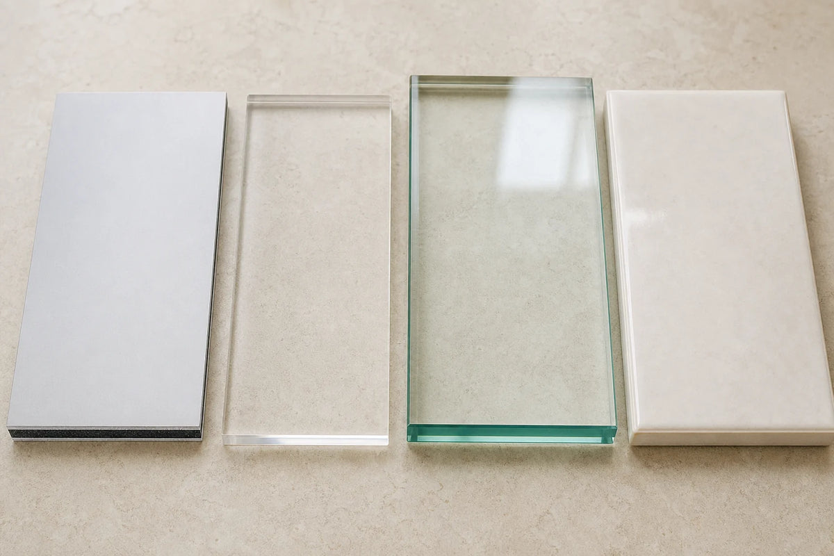 Vier Materialproben: Aluverbund, Acryl, Glas und Keramikfliese