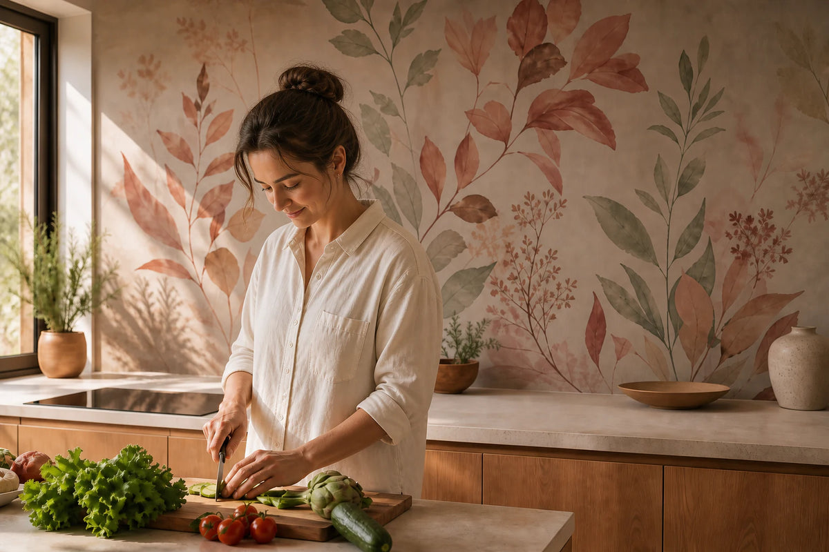 Frau beim Kochen vor einer Küchenrückwand mit botanischem Aquarellmotiv