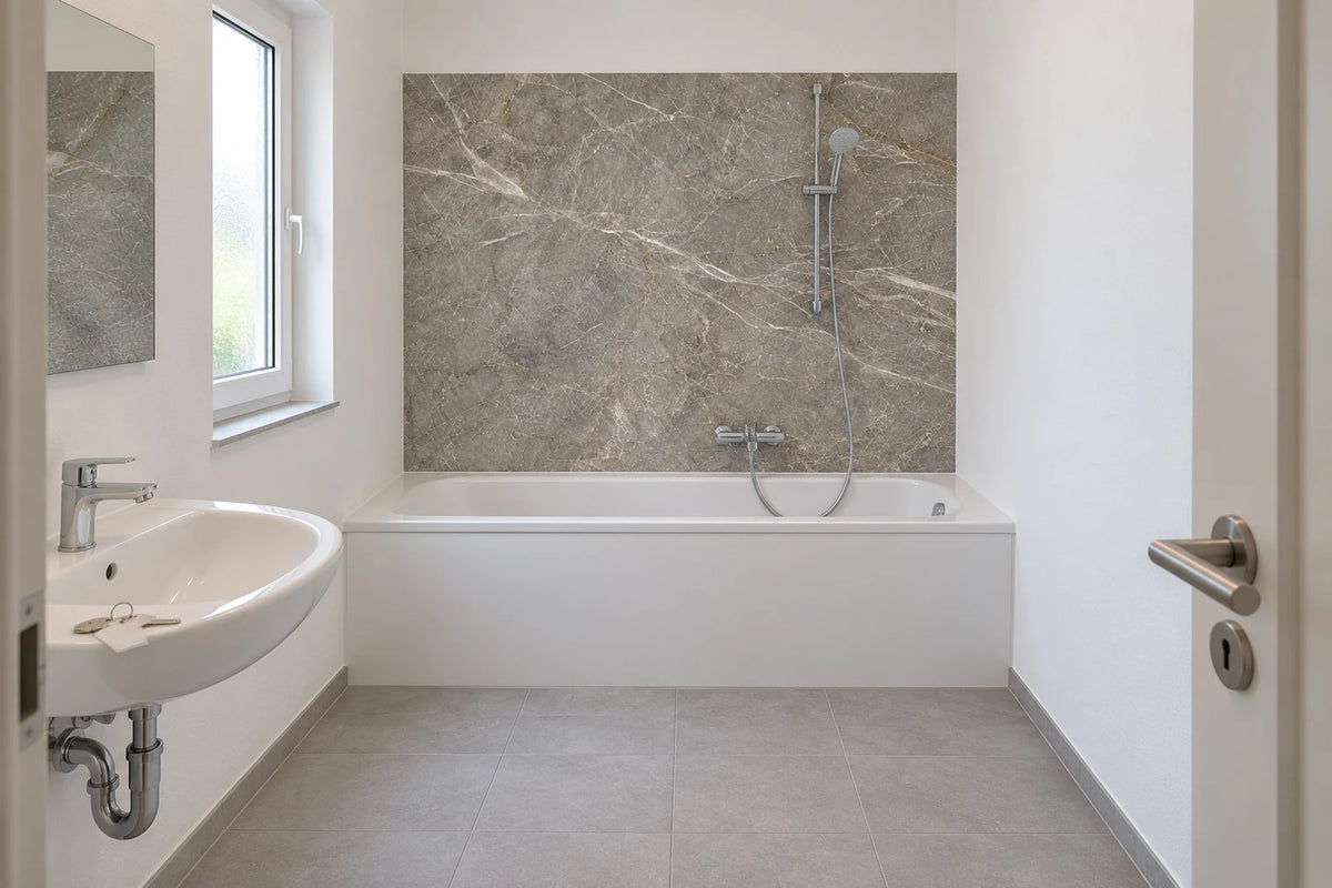Visualisierung: Leeres Mietbad mit grauer Marmor-Rückwand über der Badewanne und Wohnungsschlüsseln am Waschbecken