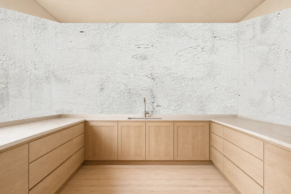 Visualisierung: Küchenrückwand mit Motiv „Weißbeton mit feiner Porung“ in einer hellen U-Küche